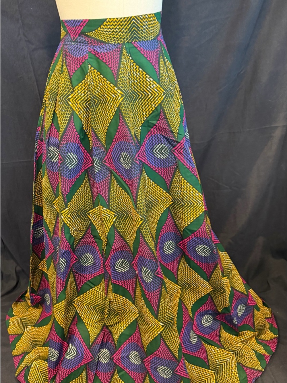 Francis and Benedict Vibrant Geometric Maxi Skirt in Yellow, Green & Purple